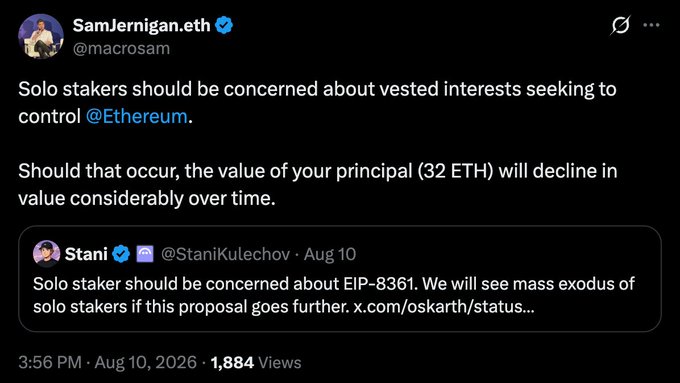 A Twitter/X post by SamJernigan.eth (@macrosam) warning that solo stakers should be concerned about vested interests seeking to control @Ethereum, quoting a tweet by Stani (@StaniKulechov) about EIP-8361 concerns.
