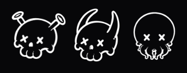 Three white line-drawn icons of cartoon skulls with 'X's for eyes on a black background, including two with animal ears and one with a hood.