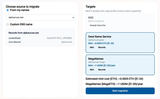 The image shows a "Nomad Migrations" interface for transferring name records from "alphacruze.wei" to ENS, Gwei Name Service, or MegaNames, displaying options to mint on new services with associated costs of ~0.0005 ETH ($1.34) and ~1 USDM ($1.00)/year.