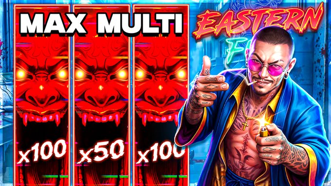 A gambling/slot machine advertisement with 'MAX MULTI' and 'EASTERN' branding, showing red dragon-themed reels with multipliers x100, x50, and x100, alongside an illustrated character.