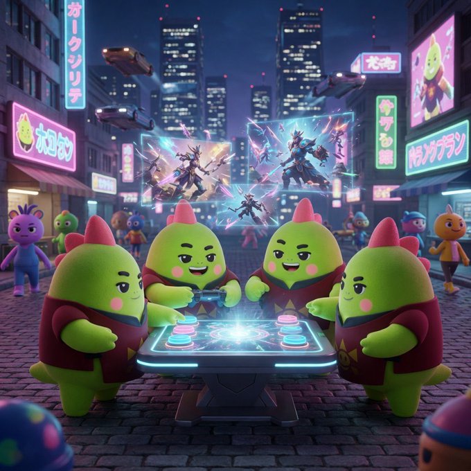 3D-rendered cyberpunk scene of cute green dinosaur-like characters with red crests playing a holographic arcade game on a city street at night, with neon Japanese signage and battle scenes on large screens in the background.