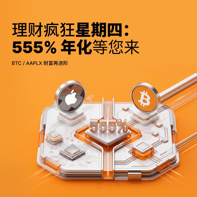 An orange promotional banner with Chinese text advertising '555% 年化' (555% annualized yield) and featuring Bitcoin and Apple logos on a chip graphic.