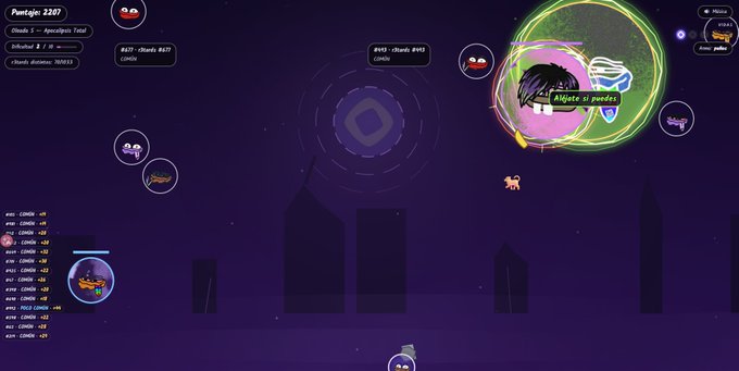 A screenshot of a browser-based multiplayer game (.io style) shows pixelated characters in a purple void with a city silhouette; on-screen text includes 'Pumpigin 2297', '#427', and 'Ajusta os poderes'.