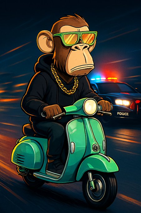 A cartoon monkey wearing green sunglasses and a gold chain rides a green scooter with a police car in the background.