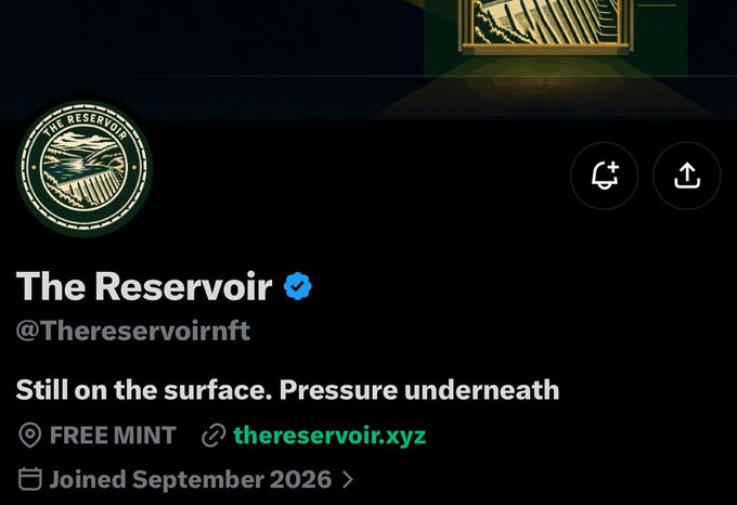 A Twitter/X profile for "The Reservoir" (@Thereservoirnft) with a verified checkmark, showing a circular logo, the bio "Still on the surface. Pressure underneath," and noting it offers a FREE MINT at thereservoir.xyz, having joined September 2026.