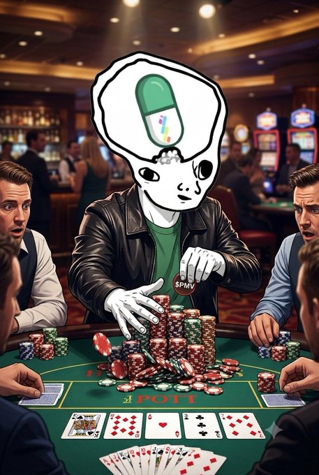The image depicts an alien-headed poker player wearing a "$PMV" hat, aggressively stacking a massive pile of casino chips at a casino table surrounded by shocked onlookers and a displayed hand of cards. It visually represents the post's message about buying $PMV dips aggressively and "stacking" chips as the token rebounds—portraying the mascot as an unstoppable, high-stakes winner who capitalizes on every pullback.