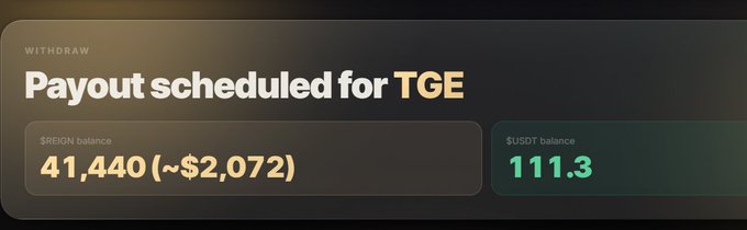 A digital interface displays 'WITHDRAW: Payout scheduled for TGE' with balances of '41,440 (~$2,072)' in $REIGN and '111.3' in $USDT.