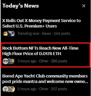 A X "Today's News" feed showing trending topics, with the highlighted post announcing "Rock Bottom NFTs Reach New All-Time High Floor Price of 0.0176 ETH," matching the caption's mention of Rock Bottoms trending at a 0.016 ETH floor price as a bullish crypto/NFT signal.