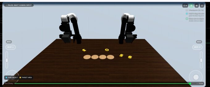 A 3D simulation interface with two robotic arms above a table with tokens and coins, displaying a "PAUSE: WAIT HUMAN INPUT" message at the top.