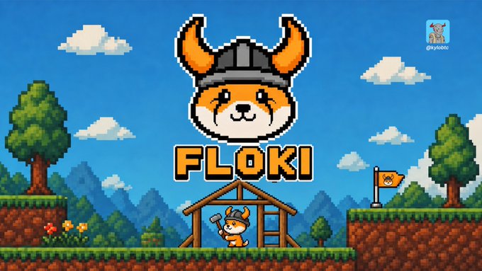 The image features a cartoon character, likely a fox or a dog, wearing a helmet with an orange visor and holding a sword. The character appears to be walking towards a building that has a flagpole on top of it. The background is filled with trees and mountains, creating a sense of adventure and exploration. In the bottom right corner of the image, there's text that reads "Everyone wants the next 100x Almost nobody wants to hold long enough to get one FLOKI keeps shipping". This message seems to be related to the cartoon character or its adventures in the game.