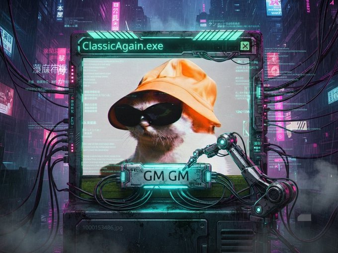 A digital artwork featuring a cat wearing an orange hat and sunglasses displayed on a retro computer monitor labeled 'ClassicAgain.exe' in a cyberpunk cityscape with neon signs and Japanese text.