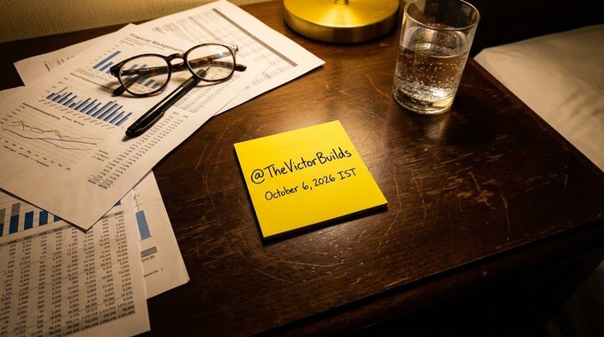 A wooden desk holds a yellow sticky note reading "@TheVictorBuilds October 6, 2026 IST," along with financial charts, a pen, glasses, and a glass of water—evoking an analyst's workspace where significant market moves like the $2.75 billion USDC minting on Solana would be tracked.