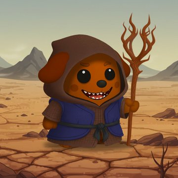 A cartoon illustration of a smiling dog-like character in a brown hooded robe holding a staff in a desert landscape.