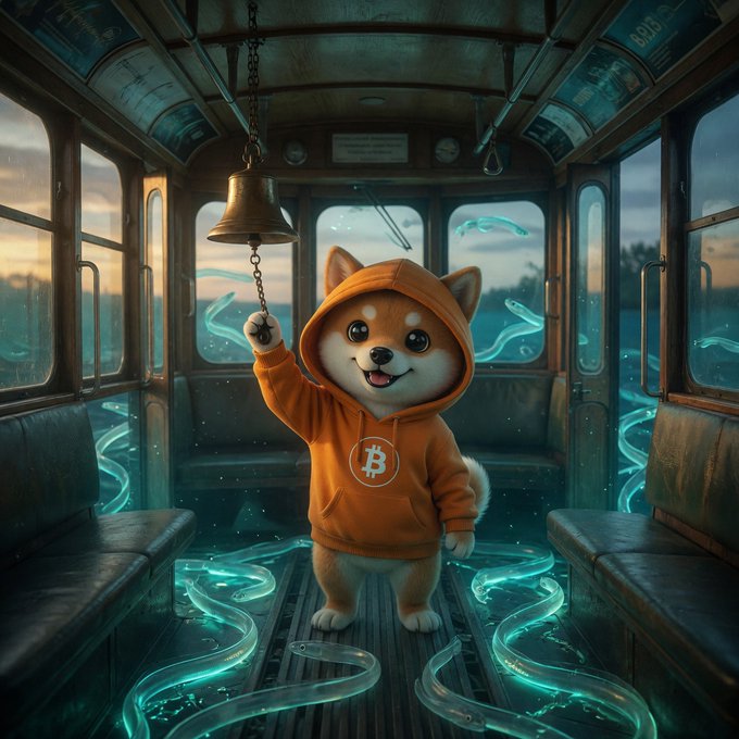 A Shiba Inu dog wearing an orange hoodie with a Bitcoin logo stands inside a train car, holding a chain attached to a hanging bell, surrounded by glowing cyan tendrils.