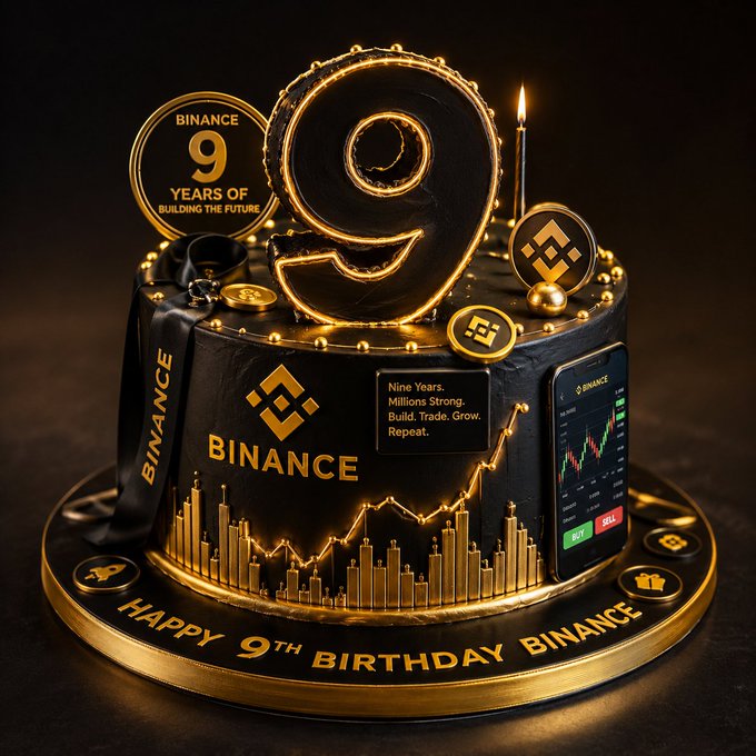 A black and gold cake celebrating "BINANCE" features a large "9" candle, a "9 YEARS OF BUILDING THE FUTURE" medallion, stock market chart decorations, and the text "HAPPY 9TH BIRTHDAY BINANCE" on the base.