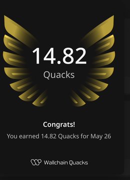The image features a black square poster with a gold wing design at its center, featuring text that congratulates users who have earned 14.82 Quacks over the past day on @wallchainQuackers. This could be a rewards program for users on WallchainQuackers or some other platform using the same acronym. The poster also states that the user has climbed the leaderboard and received recognition for their achievements in the form of long-term rewards. It encourages users to refer their friends who may benefit from this system, promoting community engagement with the platform.