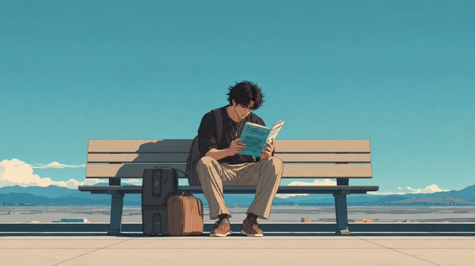 An anime-style illustration of a young man with messy dark hair sitting on a bench by the sea, reading a blue book with a backpack beside him.