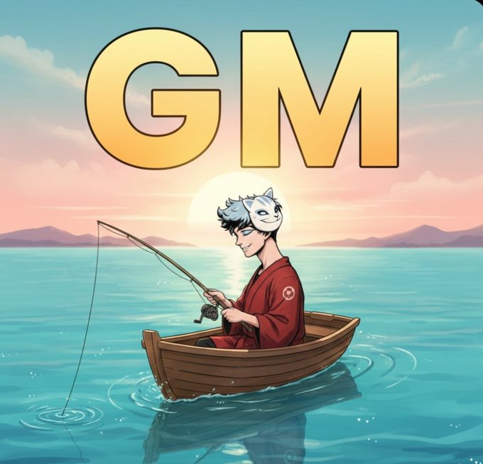 A cartoon figure wearing a fox mask fishes peacefully from a small rowboat on calm waters at sunrise, with large bold "GM" text (Good Morning) above, perfectly matching the "Good morning @quipnetwork family" post.