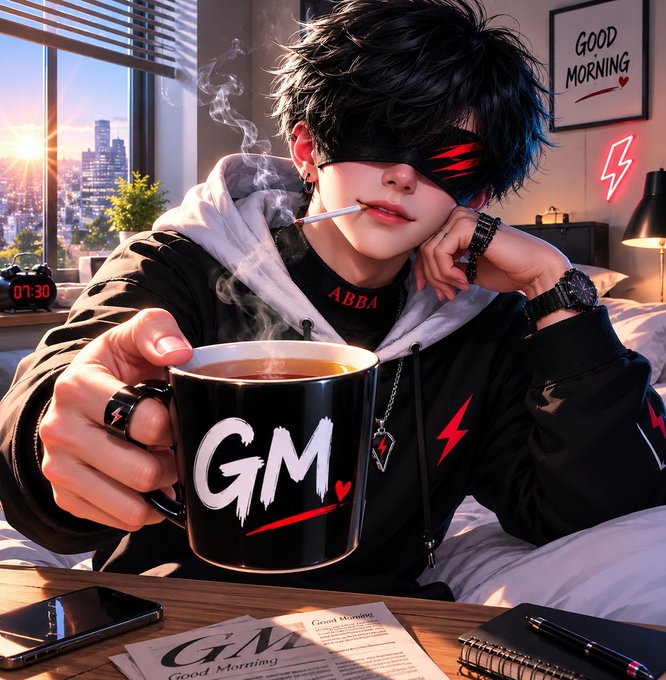 An anime-style character wearing a sleep mask holds a steaming black mug labeled 'GM' with a heart, with a 'GOOD MORNING' sign on the wall behind.