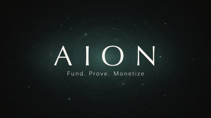 The image displays the "AION" logo with the tagline "Fund. Prove. Monetize" set against a dark, cosmic background with subtle geometric patterns, promoting the AION platform that the post mentions being tested through their Telegram training app to earn credits via verified tasks.