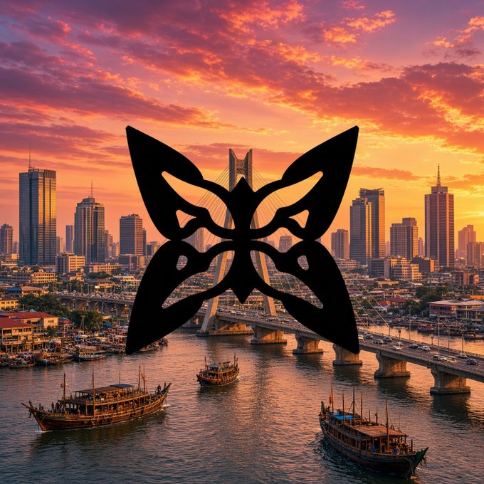 A scenic sunset view of a city skyline with a bridge, boats, and a large black butterfly-shaped mask or logo superimposed in the foreground.