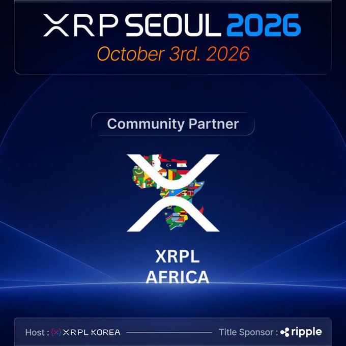 A promotional graphic for 'XRP SEOUL 2026' on October 3rd, 2026, featuring XRPL Africa as a Community Partner, hosted by XRPL Korea with Ripple as Title Sponsor.