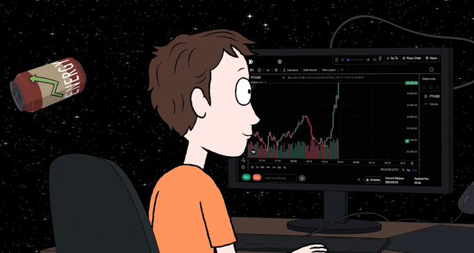Cartoon illustration of a boy looking at a crypto price chart on a monitor, with a "MOON ALERT" can flying through space.