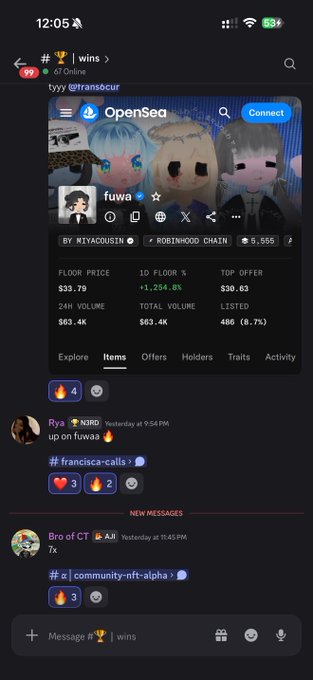 A screenshot of a Discord chat in the "#trophy-wins" channel shows a message notifying a user of an OpenSea floor price alert for the "fuwa" NFT collection, currently at $33.79 with a 24-hour volume of $63.4K, alongside community messages celebrating wins in #franciscas-calls and #8-community-nft-alpha channels, visually supporting the post's claim of "pings and profits" from collaborators and alpha channels.