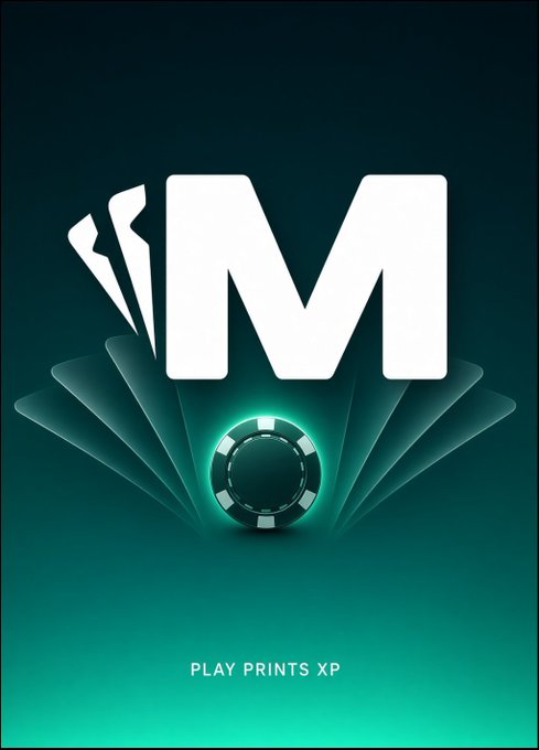 A minimalist logo design featuring a large white 'M' above a glowing poker chip with cards fanned out, and the text 'PLAY PRINTS XP' at the bottom.