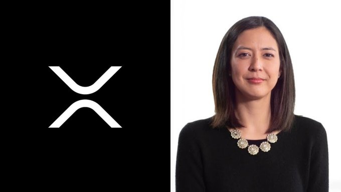 A split image showing the XRP (X) cryptocurrency logo on a black background alongside a professional headshot of a smiling woman with shoulder-length hair wearing a black top and beaded necklace.