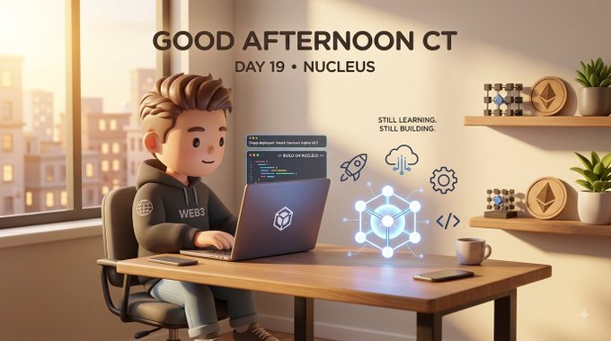 A cartoon-style developer works at his laptop displaying code, wearing a "WEB3" hoodie, with the text "GOOD AFTERNOON CT, DAY 19 • NUCLEUS" at the top and "STILL LEARNING. STILL BUILDING." beside him. The illustration visually reinforces the post's message of ongoing learning about Nucleus, showing blockchain/Web3 development themes through icons like a rocket, cloud, and Ethereum logo surrounding the workspace.