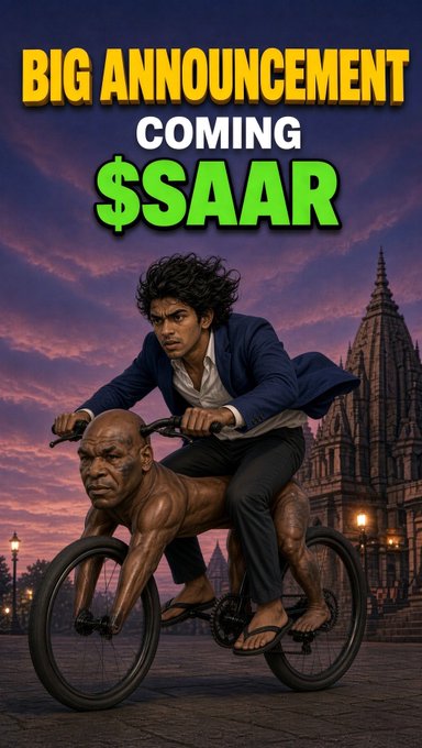 A movie poster-style image with the text 'BIG ANNOUNCEMENT COMING $SAAR' featuring a man riding a bicycle with another muscular man positioned as the front half, set against a temple backdrop at sunset.