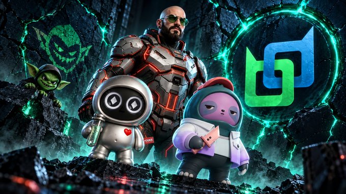 A promotional graphic features a muscular man in futuristic armor alongside cartoon characters and the green and blue 'D' logo for Duolingo.