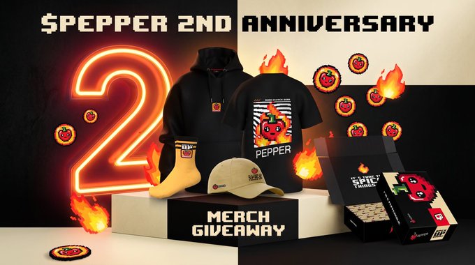 The image promotes a $PEPPER 2nd Anniversary merch giveaway, featuring a neon "2," pixel-art tomato logos, and merchandise including a hoodie, t-shirt, cap, and socks arranged on a "MERCH GIVEAWAY" pedestal, illustrating the real-world merchandise mentioned in the post.