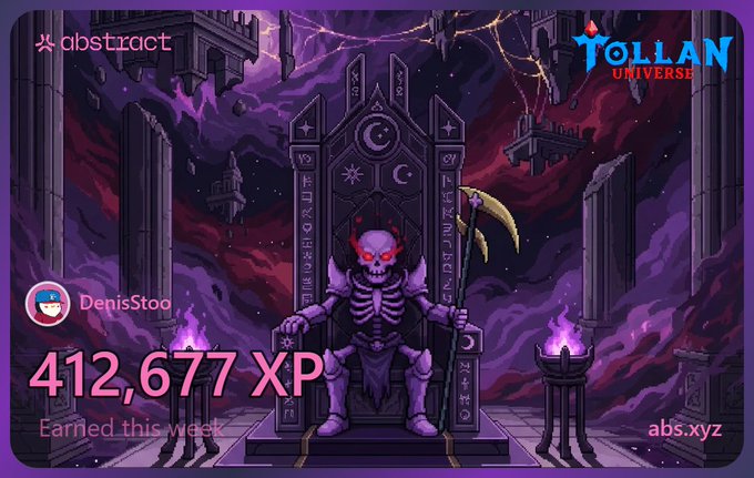 The image showcases a pixel-art XP card featuring a skeletal king with glowing red eyes and a scythe, seated on an ornate throne with floating purple temples in the background, promoting Tollan Universe. It displays "412,677 XP Earned this week" by DenisStoo on Abstract Chain, celebrating a new all-time high XP achievement.