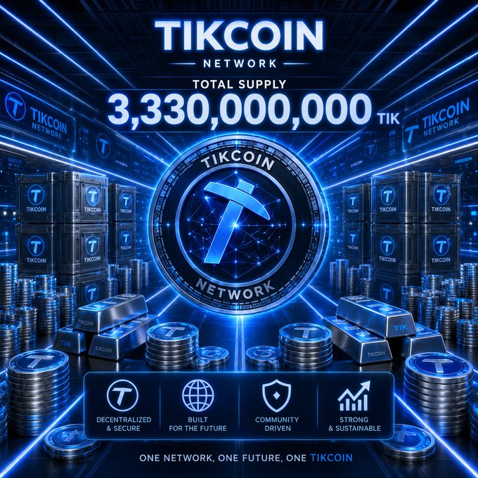 A futuristic promotional graphic for Tikcoin Network showcases a glowing central "T" coin emblem surrounded by stacks of TIK coins and branded containers, displaying the total supply of 3,330,000,000 TIK alongside key features: decentralized & secure, built for the future, community driven, and strong & sustainable, reinforcing the tagline "One network, one future, one Tikcoin."