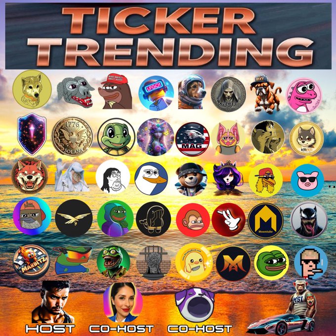 A “TICKER TRENDING” collage displays many circular avatars and tokens, with “HOST” and “CO-HOST” labels along the bottom.