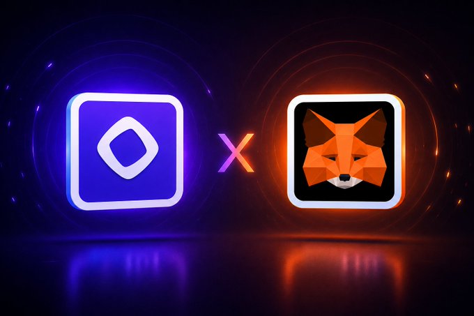A promotional graphic showing two crypto icons side by side — a purple symbol on the left and an orange MetaMask fox logo on the right — separated by an 'X' on a dark background.