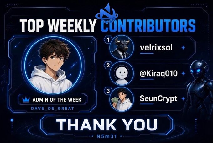 A 'TOP WEEKLY CONTRIBUTORS' graphic recognizing 'DAVE_DE_GREAT' as 'ADMIN OF THE WEEK,' with top contributors listed as velrixsol, @Kiraq010, and SeunCrypt, featuring a 'THANK YOU' banner.