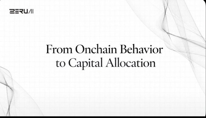 A minimalist title card from ZERU AI with the text 'From Onchain Behavior to Capital Allocation' on a light background with subtle smoke-like graphics.