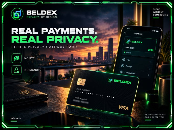 An advertisement for 'BELDEX' featuring their 'REAL PAYMENTS. REAL PRIVACY.' Visa card, phone app interface, and cityscape background, promoting 'NO KYC' and 'NO SIGNUPS'.