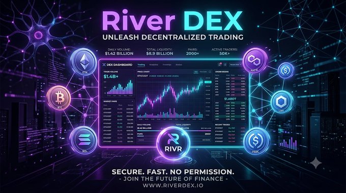 The image is a promotional banner for **River DEX**, featuring the tagline "Unleash Decentralized Trading" alongside a stylized dashboard preview showing metrics like "$1.42 BILLION" 24H Volume and "$8.9 BILLION" Total Liquidity, surrounded by glowing cryptocurrency icons including ETH, SOL, RIVR, and others. It complements the post by visually reinforcing Rivr DEX's rapid growth, showcasing the platform's gas-free trading appeal on the Vara Network and its "Secure. Fast. No Permission" branding.