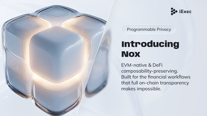 The image is a sleek promotional graphic from iExec announcing "Nox," a new programmable privacy solution described as "EVM-native & DeFi composability-preserving" and "Built for the financial workflows that full on-chain transparency makes impossible." The design features a futuristic cluster of white, cube-like structures with glowing edges, visually evoking secure hardware enclaves, which directly reinforces the post's message about Nox using Trusted Execution Environments (TEEs) to keep trades confidential and shield them from front-running and MEV attacks.