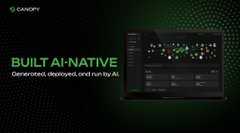 A promotional graphic for Canopy (CNPY) Network featuring the tagline "BUILT AI-NATIVE — Generated, deployed, and run by AI" alongside a dashboard interface. The image visually supports the post's theme of AI-driven, nested chain architecture by showcasing Canopy's tech-forward platform where autonomous agents can spin up and manage blockchain infrastructure.