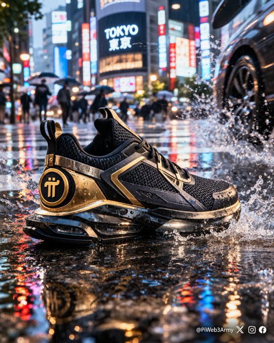 A promotional image featuring a black and gold sneaker with the Pi Network logo splashing through water on a Tokyo street at night, with a 'TOKYO 東京' sign and @PIWeb3Army watermark visible.