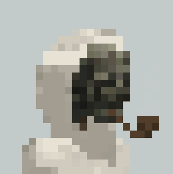 A highly pixelated digital artwork showing a figure in white robes with a dark hood covering their face, set against a light blue background.