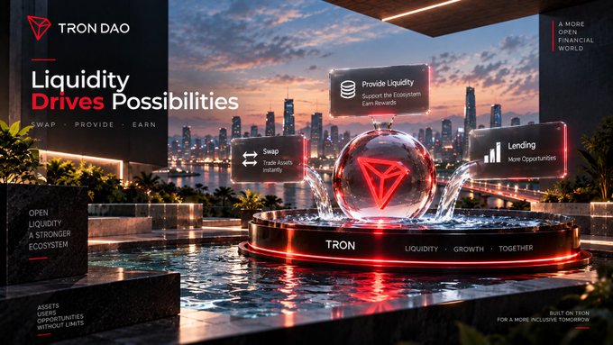 A promotional banner for "TRON DAO" features the text "Liquidity Drives Possibilities" alongside labels for Swap, Lending, and Provide Liquidity functions.