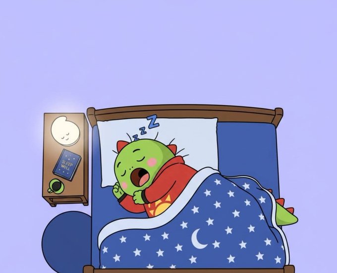 A cartoon illustration of a green dragon character sleeping in a bed with a star-patterned blue blanket, while a nightstand holds a sleeping moon lamp, a book, and a green eye.