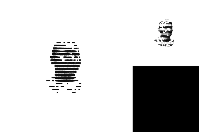 Black and white glitchy silhouettes of two figures, with one in the foreground and a smaller one in the upper right, alongside a solid black square in the bottom right corner.