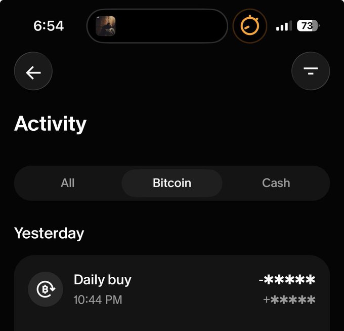 A mobile app screenshot on an iPhone displaying a financial 'Activity' page with a 'Bitcoin' tab selected, showing a 'Daily buy' transaction from yesterday at 10:44 PM.